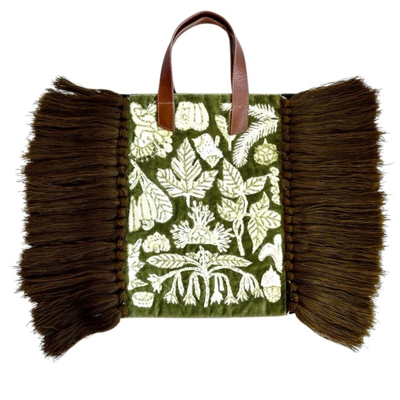 Anthropologie Handcrafted Embroidery Beaded Fringed Tote Bag Velour Wool Boho - Picture 10 of 16